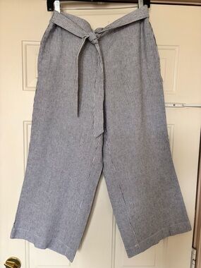 LOFT Blue and White Pinstripe Wide Leg Pants with Tie Waist MP